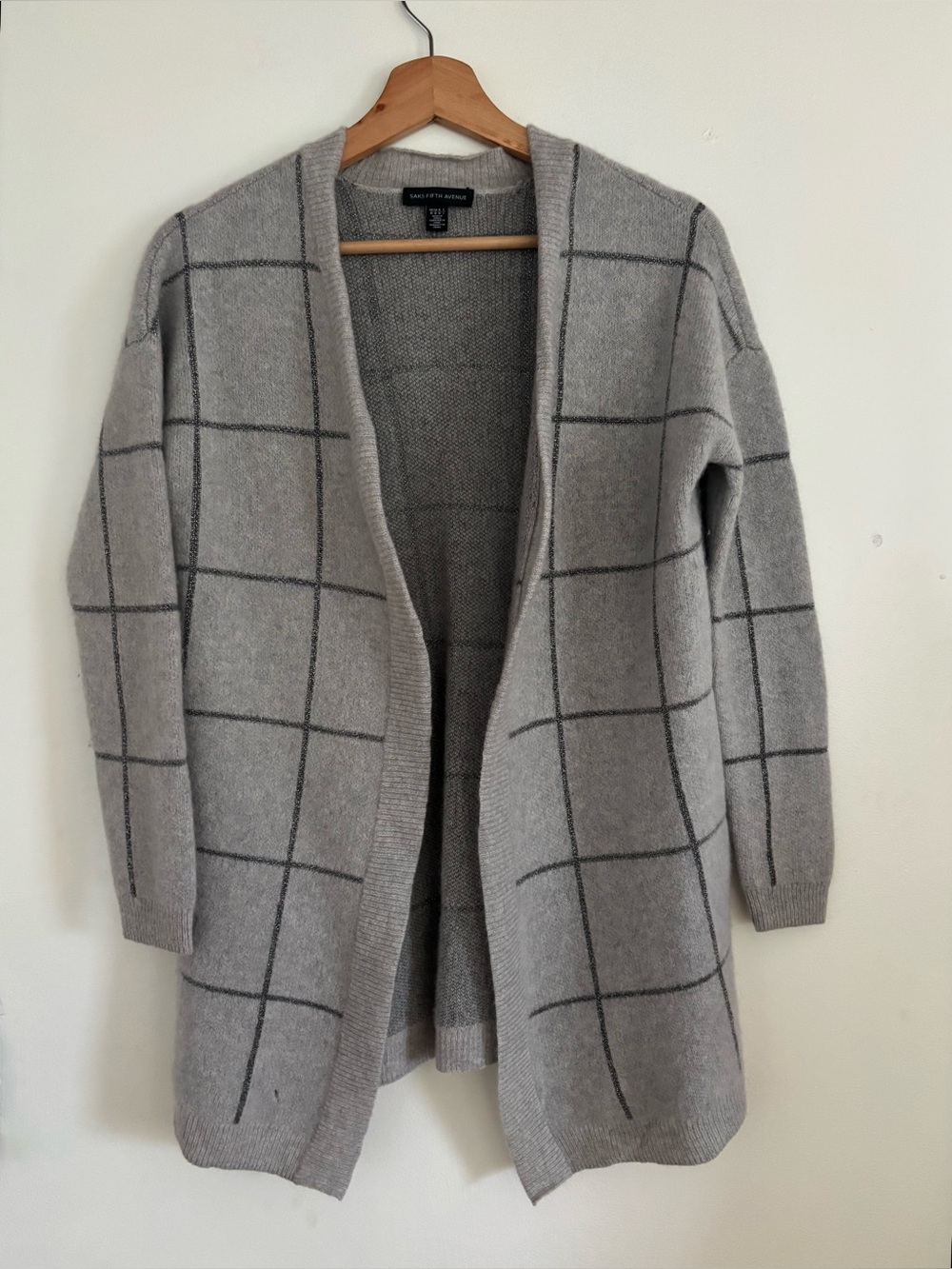 Saks Fifth Avenue Cashmere Grid Silver Metallic Open Cardigan Holiday Medium
